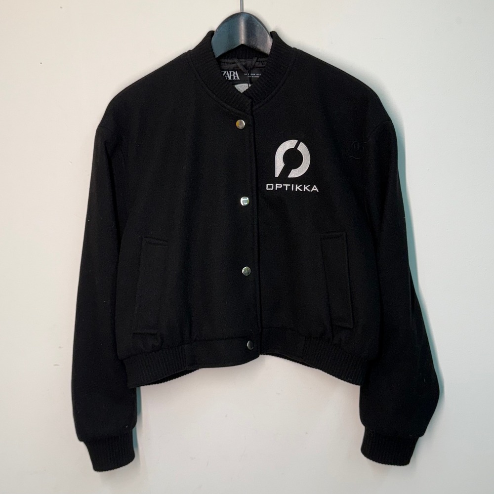 Zara Varsity Jacket Women's Medium‎ Embroidered Logo Bomber Black Coat